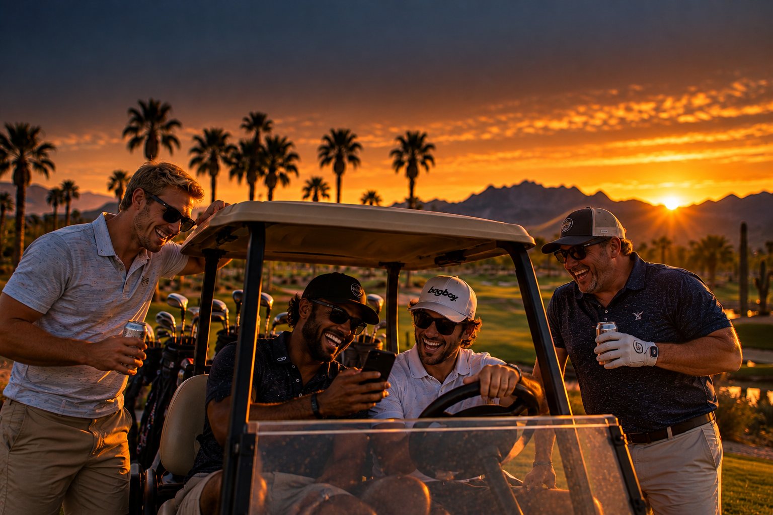 The crew in a cart at dusk