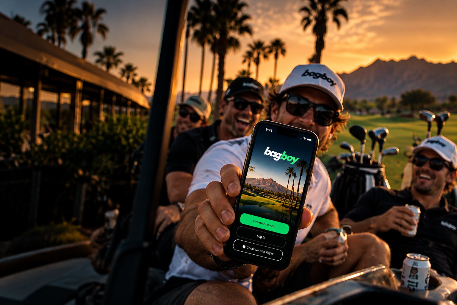 The crew in a cart at sunset, one of them holding up bagboy