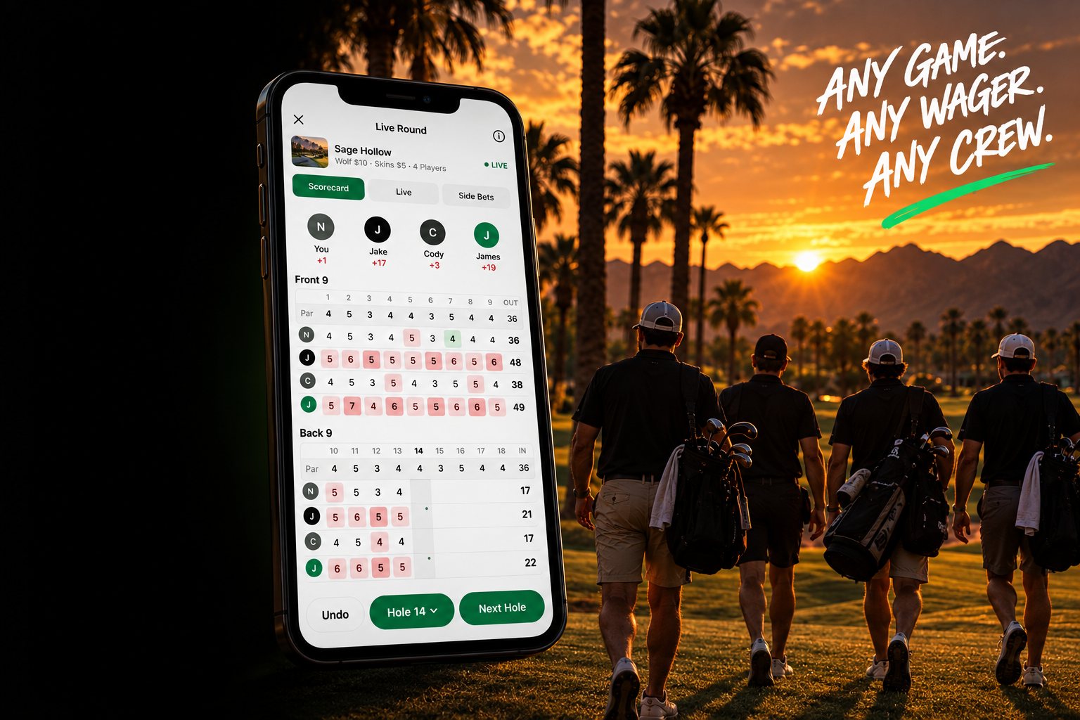 bagboy Create Game on a phone, golfers under the palms at dusk