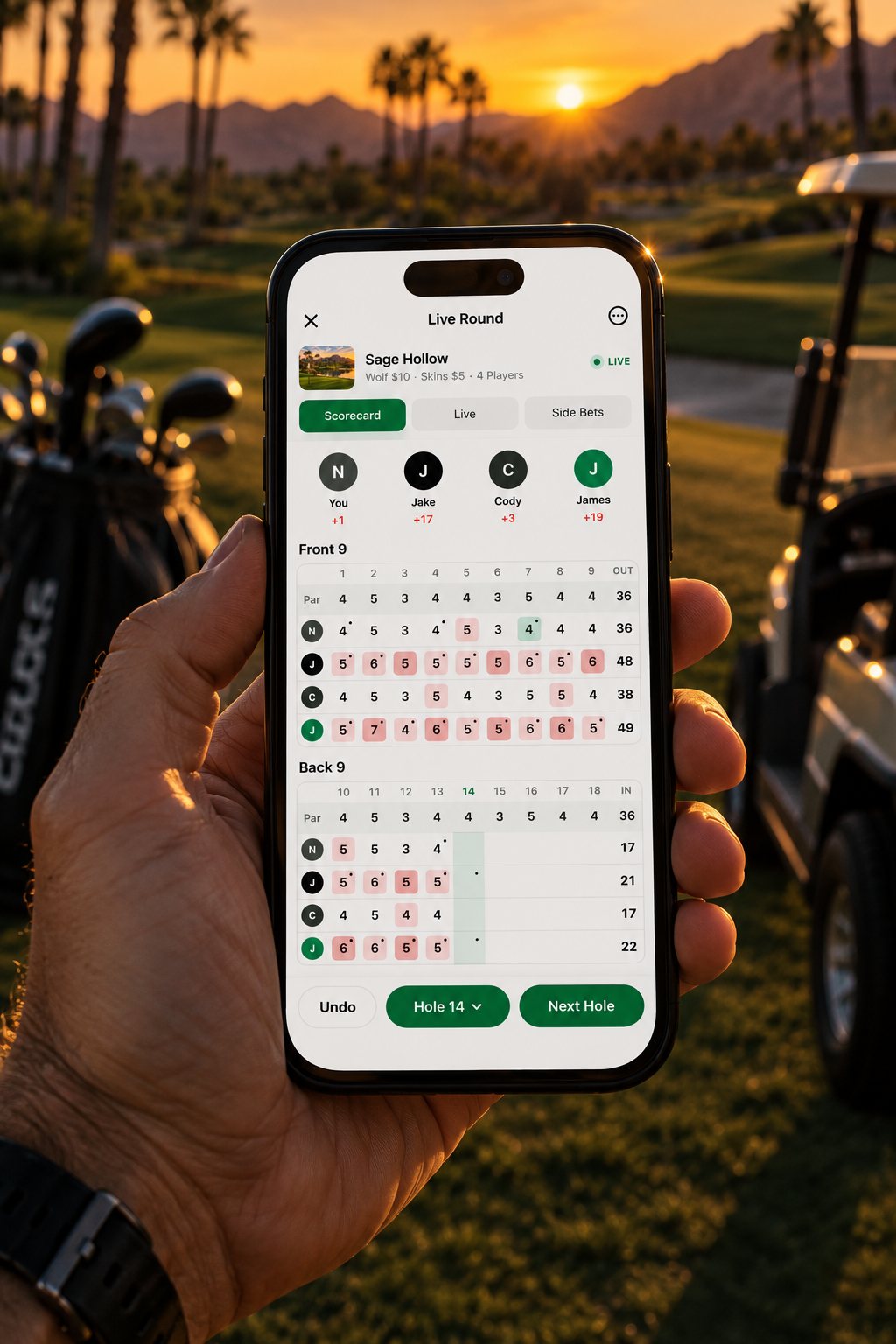 bagboy open on a phone on the fairway